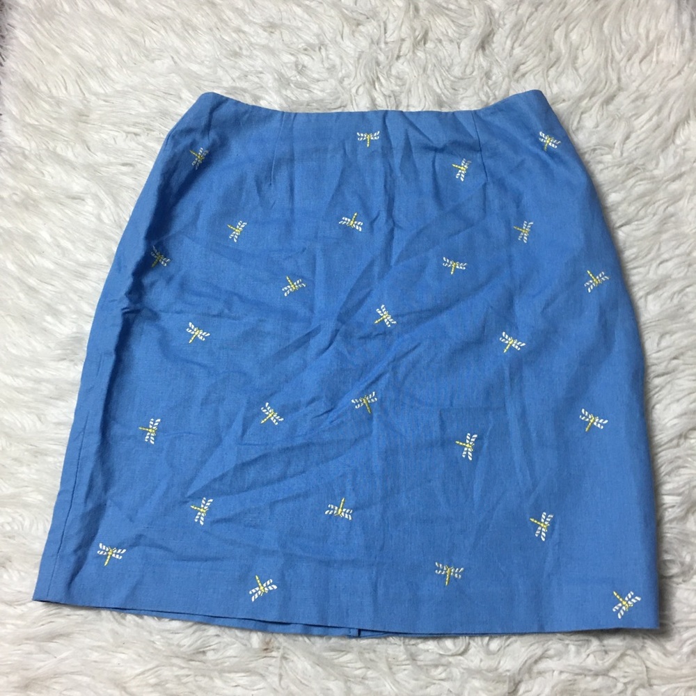 Talbots Linen Blend Skirt Light Blue Dragonflies Print Size 12